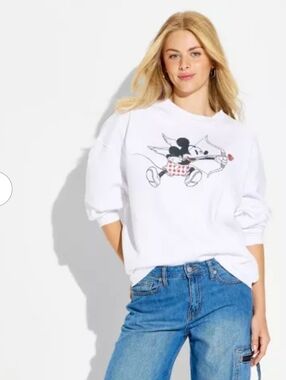 Disney White Crewneck Sweater with Mickey Design